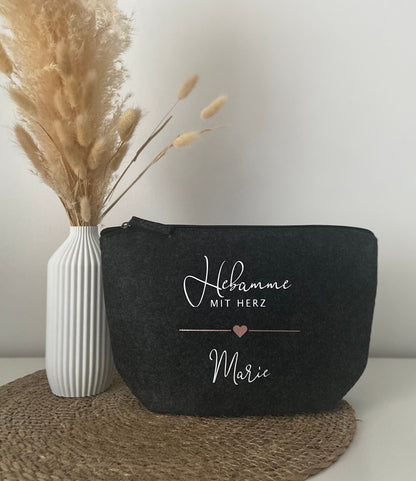 Kosmetiktasche Filz Hebamme mit Herz
